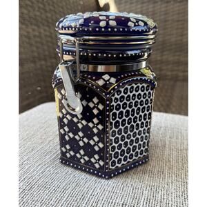 Vintage Pier 1 Imports Canister Moroccan Cobalt Blue White Ceramic Latch Lock 7”